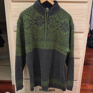 Vintage Obermeyer Green and Gray Zip Up Sweater with Nordic Design 100% whool